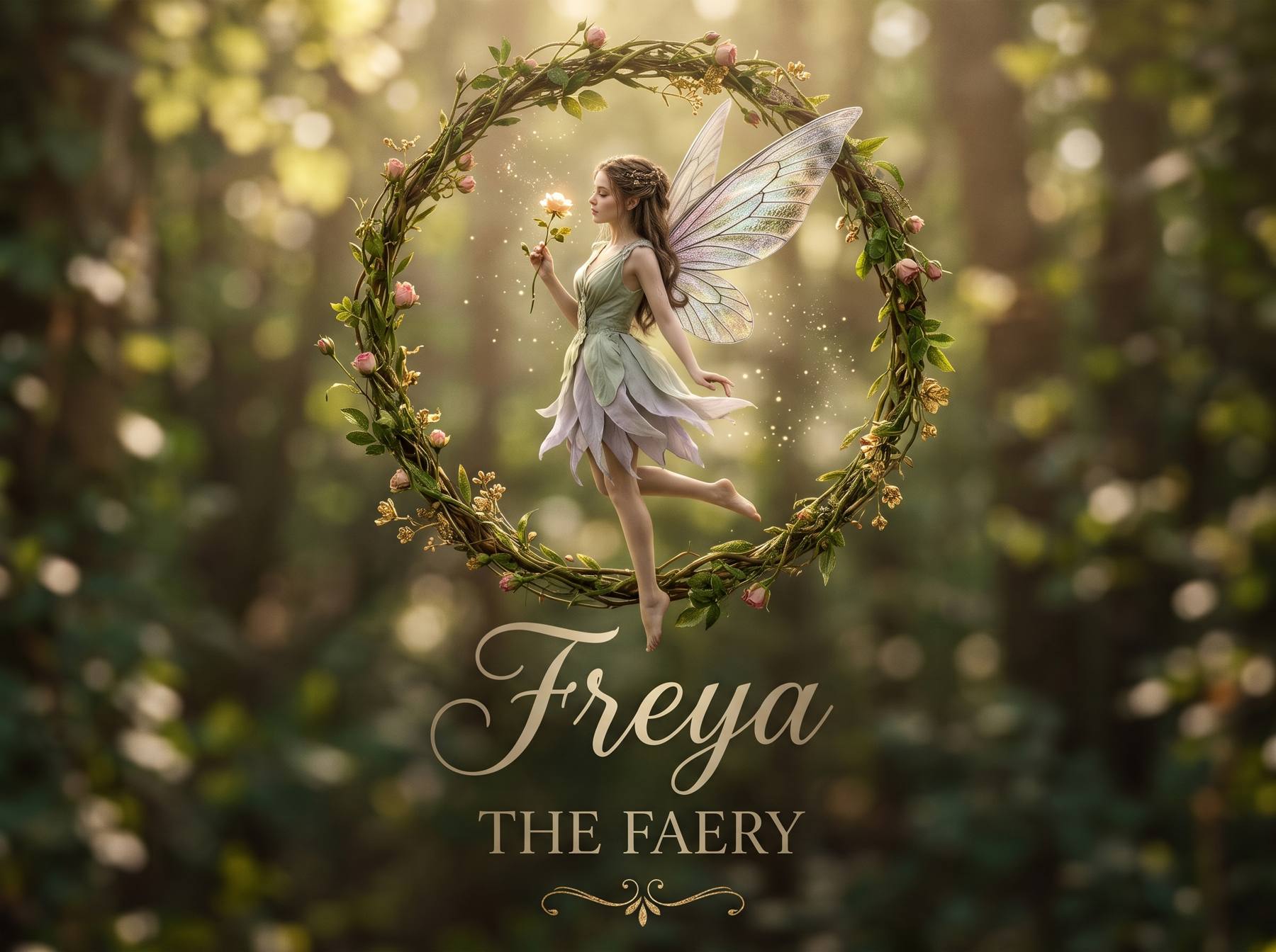 Freya the Faery, a winged fae holding a glowing rose inside a wreath of vines and roses, in a sunlit forest