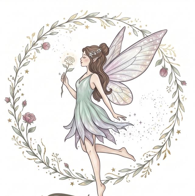 Illustration of Freya, a fae with lavender wings and a sage dress, inside a wreath of roses and gold leaves